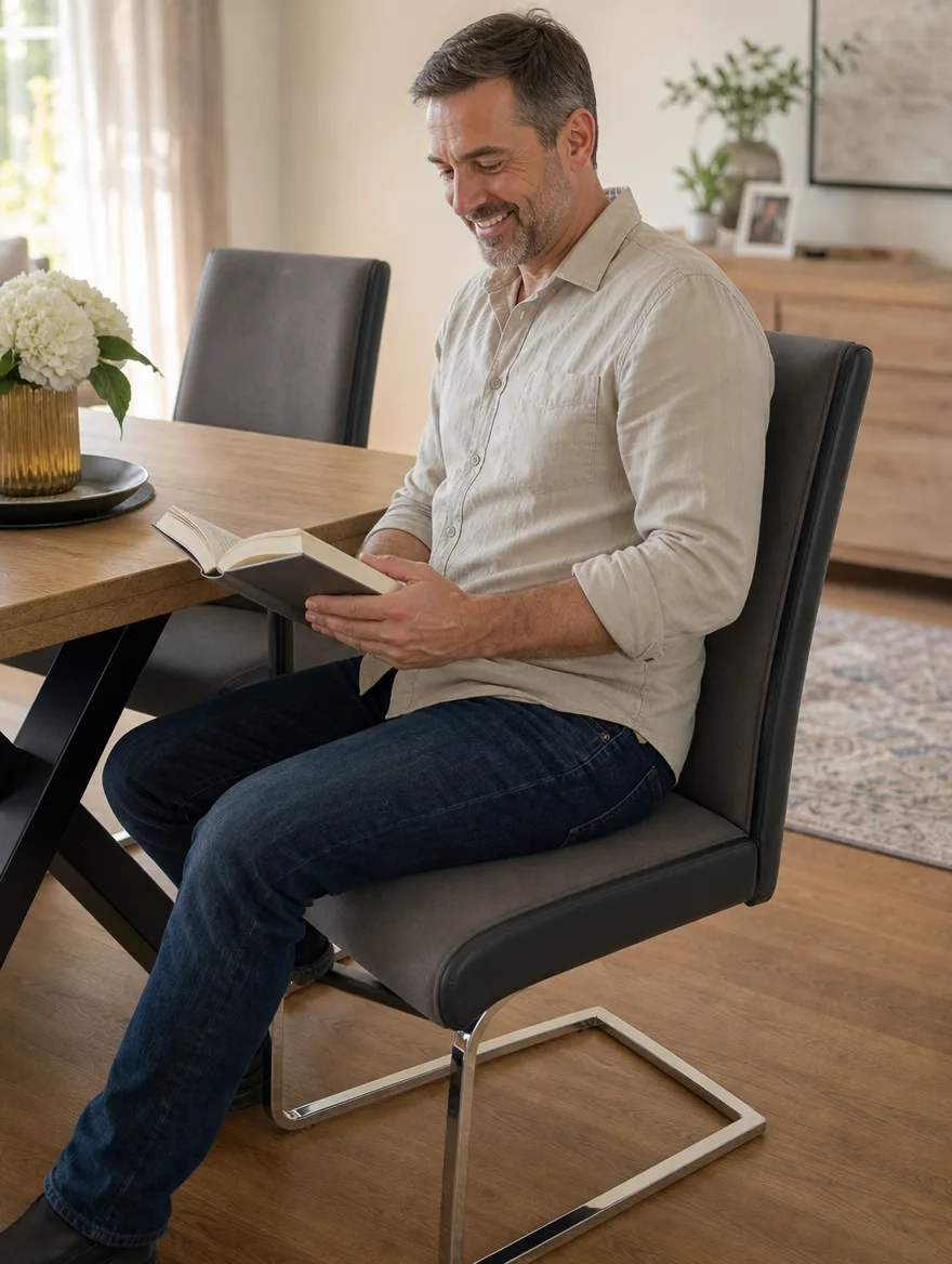 Esszimmerstühle und Ledergarnitur nach dem Neubezug: Mann mit Buch im Esszimmer (Visualisierung, Sofa neu beziehen)