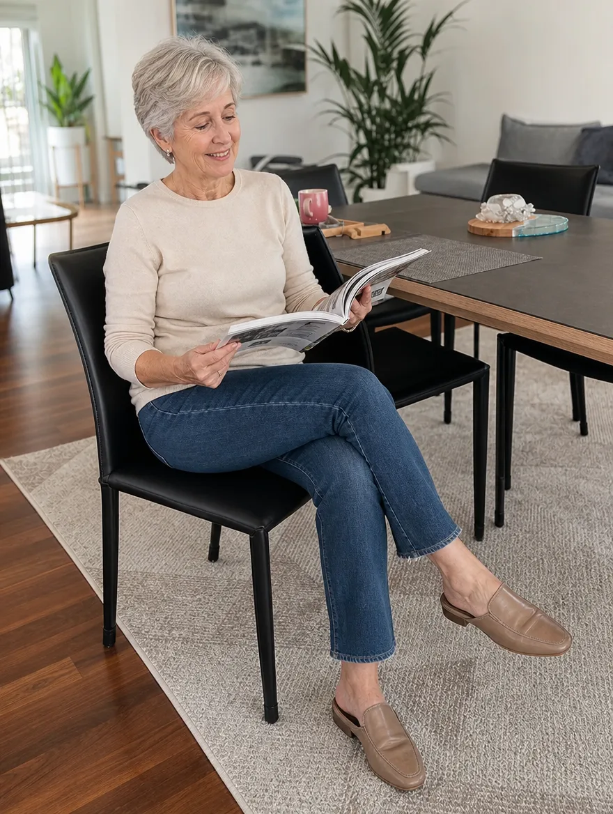 Lederfreischwinger nach der Polsterreparatur: Frau mit kurzen grauen Haaren beim Lesen im Wohnzimmer (Visualisierung, Möbel reparieren)