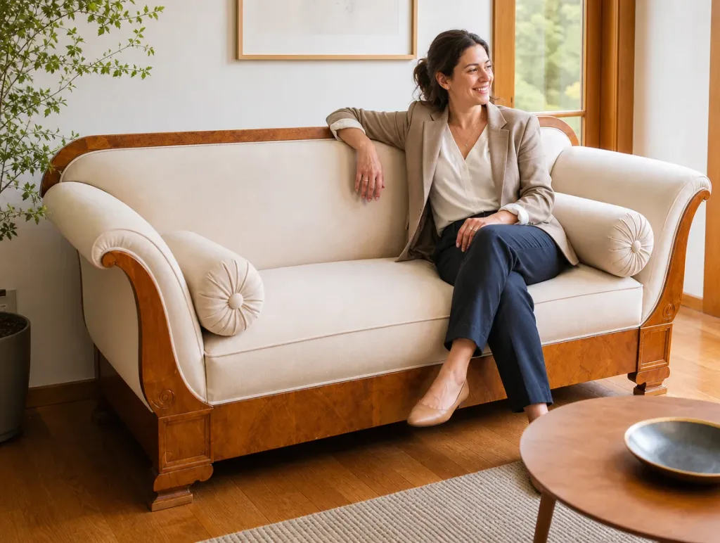 Antiksofa nach der Restauration: Frau nach der Arbeit im Wohnzimmer (Visualisierung, Möbelrestauration)