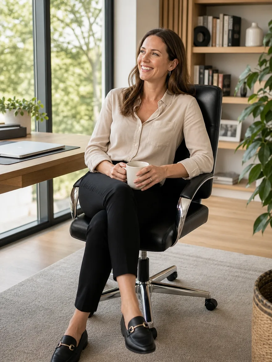 Bürostuhl nach der Massanfertigung: Frau nach der Arbeit im Home-Office (Visualisierung, Polstermöbel nach Mass)