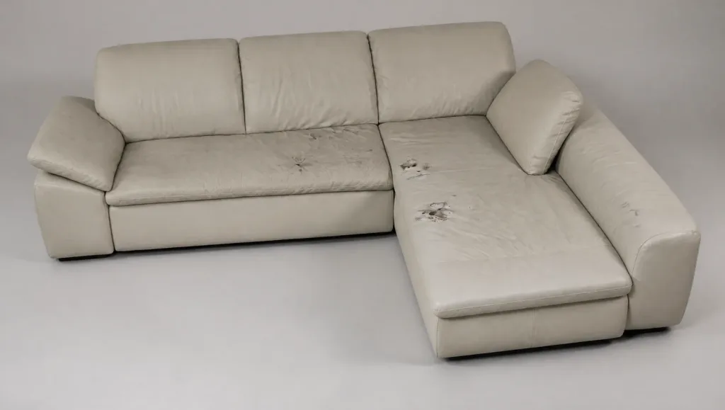 Das Sofa im Ausgangszustand, die Sitzfläche deutlich gewellt (Ledersofa, Möbelrestauration im Zürcher Oberland)