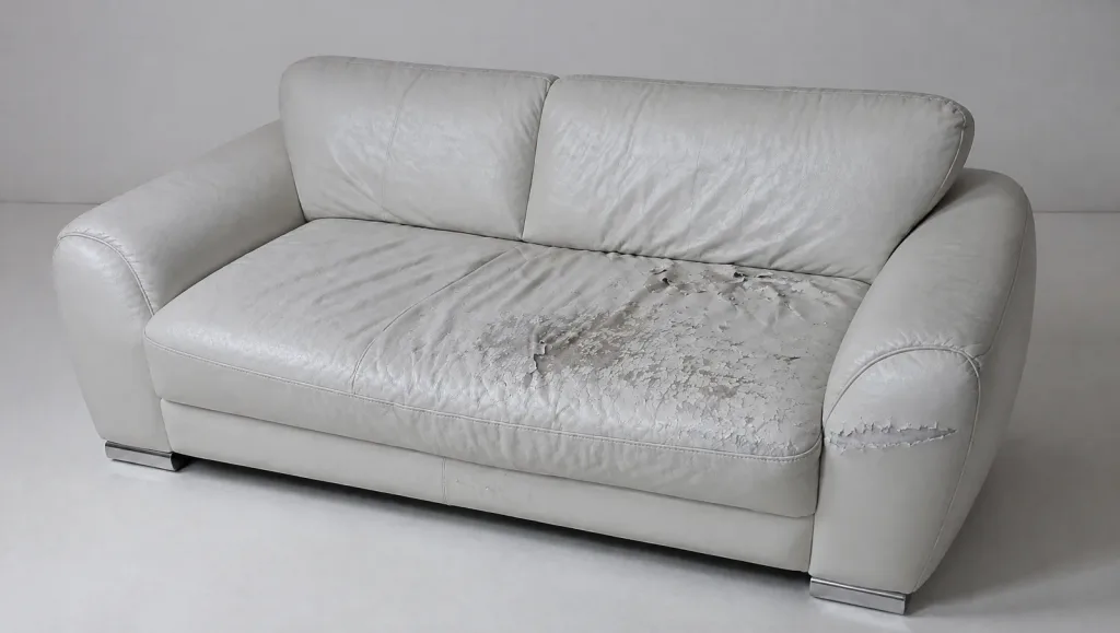 Ledersofa Polster restaurieren: Detail der Kante, unter der das Vlies hervorschaut