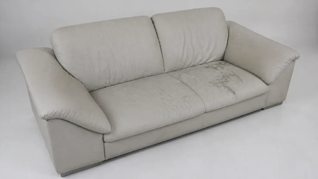 Abgenutzte Stelle auf der Sitzfläche (Ledersofa, Möbelrestauration im Zürcher Oberland)
