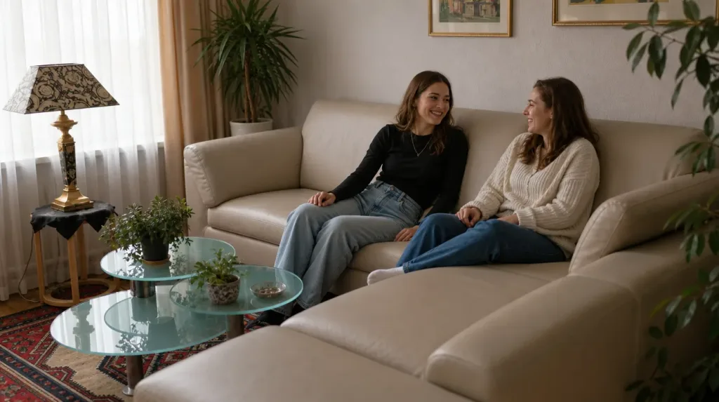 Ledersofa nach der Restauration: zwei Freunde im Gespräch im Wohnzimmer (Visualisierung, Möbelrestauration)