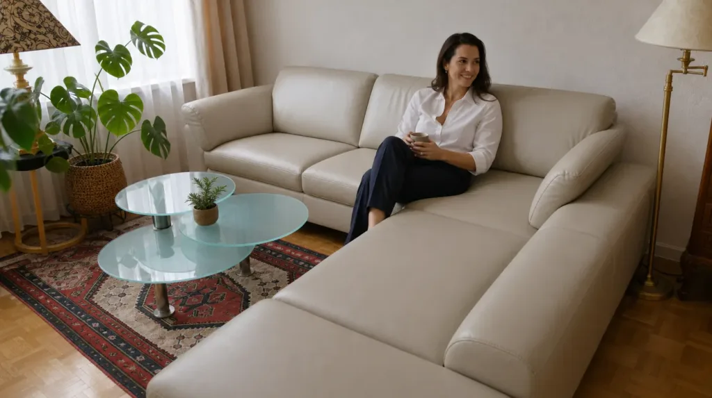 Ledersofa nach der Restauration: Frau nach der Arbeit im Wohnzimmer (Visualisierung, Polster restaurieren)