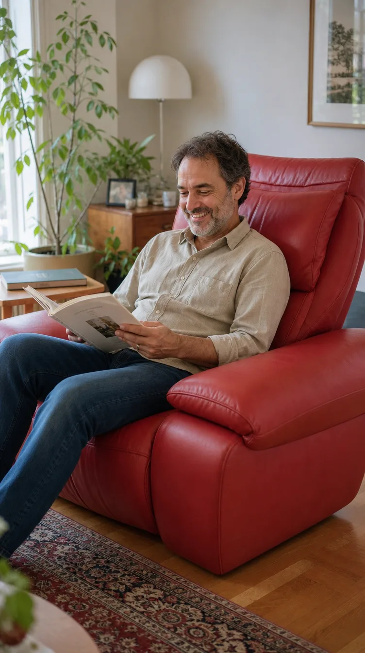 Himolla Relaxsofa nach dem Neubezug: Mann mit Buch im Wohnzimmer (Visualisierung, Sofa neu beziehen)