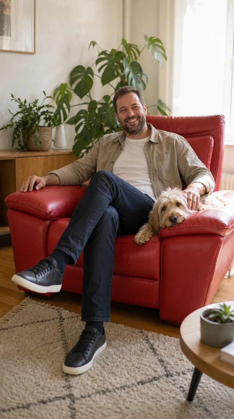 Himolla Relaxsofa nach dem Neubezug: Mann mit Hund im Wohnzimmer (Visualisierung, Neubezug)