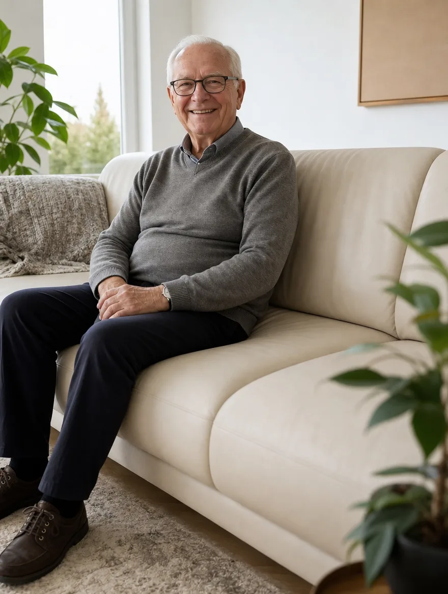 DeSede-Sofa nach der Polsterreparatur: älterer Mann mit weissem Haar und Brille im Wohnzimmer (Visualisierung, Möbel reparieren)
