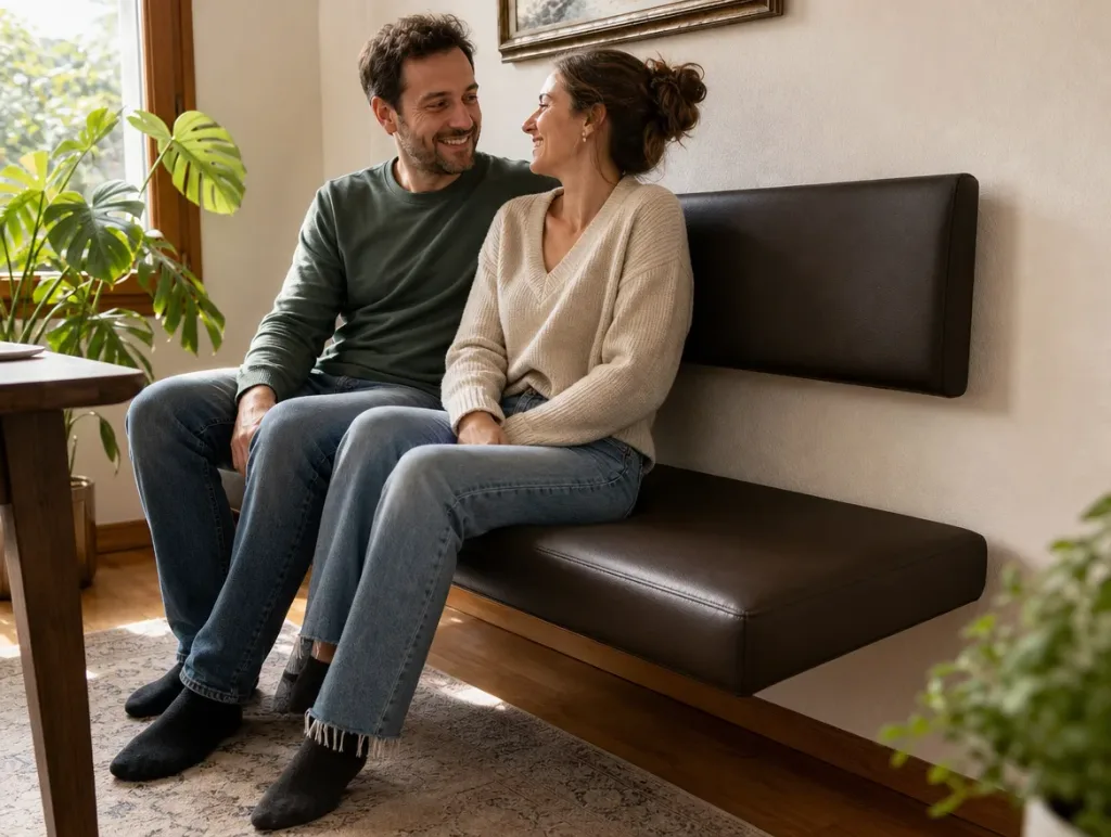 Sitzbank nach der Massanfertigung: Paar nah beieinander im Wohnzimmer (Visualisierung, Massanfertigung)