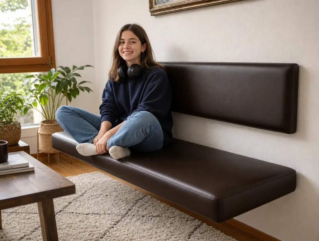 Sitzbank nach der Massanfertigung: Teenagerin mit Kopfhörern im Schneidersitz im Wohnzimmer (Visualisierung, Polstermöbel nach Mass)