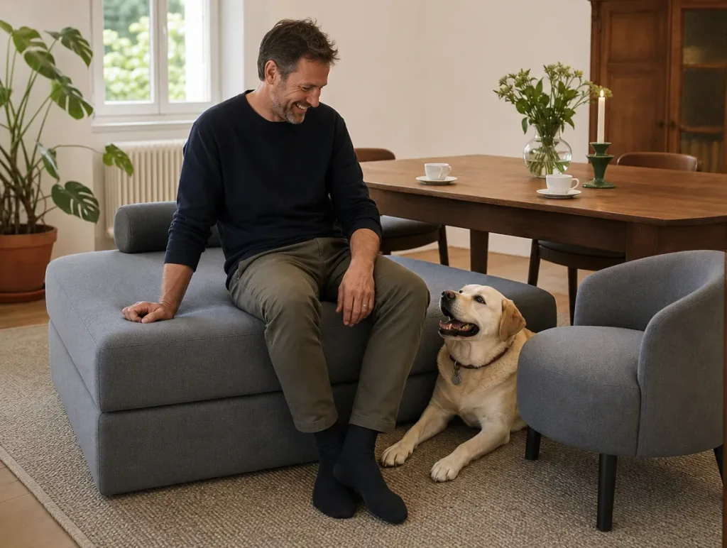 B&B-Italia-Sofa nach dem Neubezug: Mann mit Hund im Esszimmer (Visualisierung, Sofa neu beziehen)