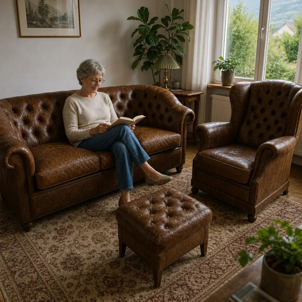 Chesterfield Polstergruppe nach der Restauration: Frau mit kurzen grauen Haaren beim Lesen im Wohnzimmer (Visualisierung, Polster restaurieren)