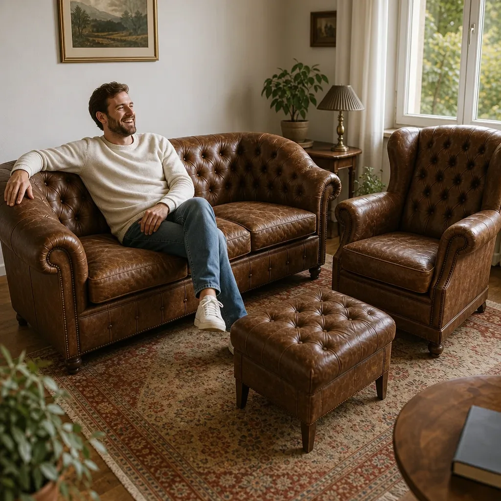 Chesterfield Polstergruppe nach der Restauration: Mann mit Bart lachend im Wohnzimmer (Visualisierung, Möbelrestauration)