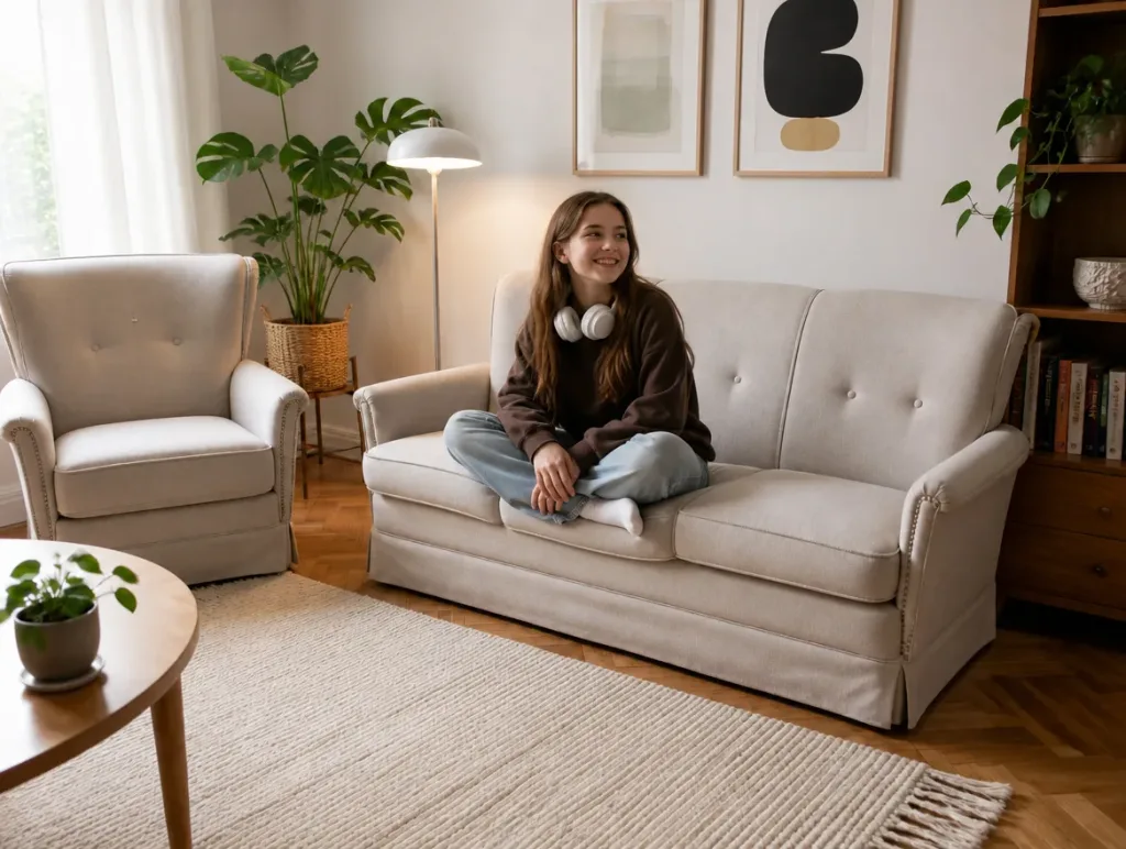 Sofa und Ohrensessel nach der Restauration: Teenagerin mit Kopfhörern im Schneidersitz in der Leseecke (Visualisierung, Polster restaurieren)