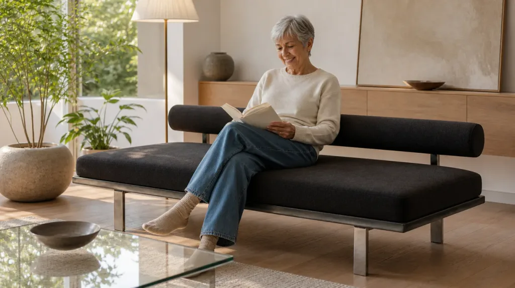 Daybed Lotus nach der Restauration: Frau mit kurzen grauen Haaren beim Lesen in der Leseecke (Visualisierung, Polster restaurieren)