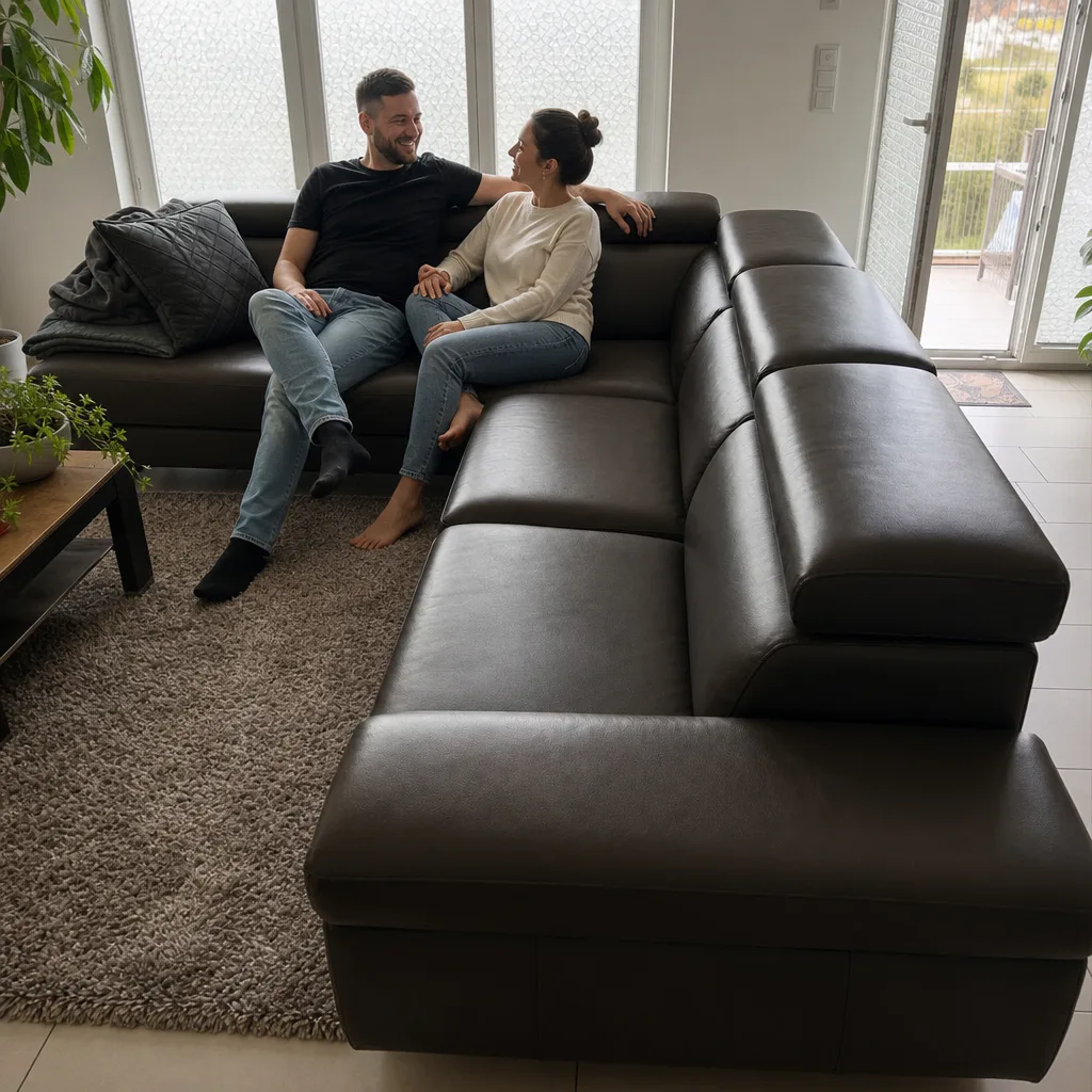 Ledersofa nach der Polsterreparatur: Paar nah beieinander im Wohnzimmer (Visualisierung, Möbel reparieren)