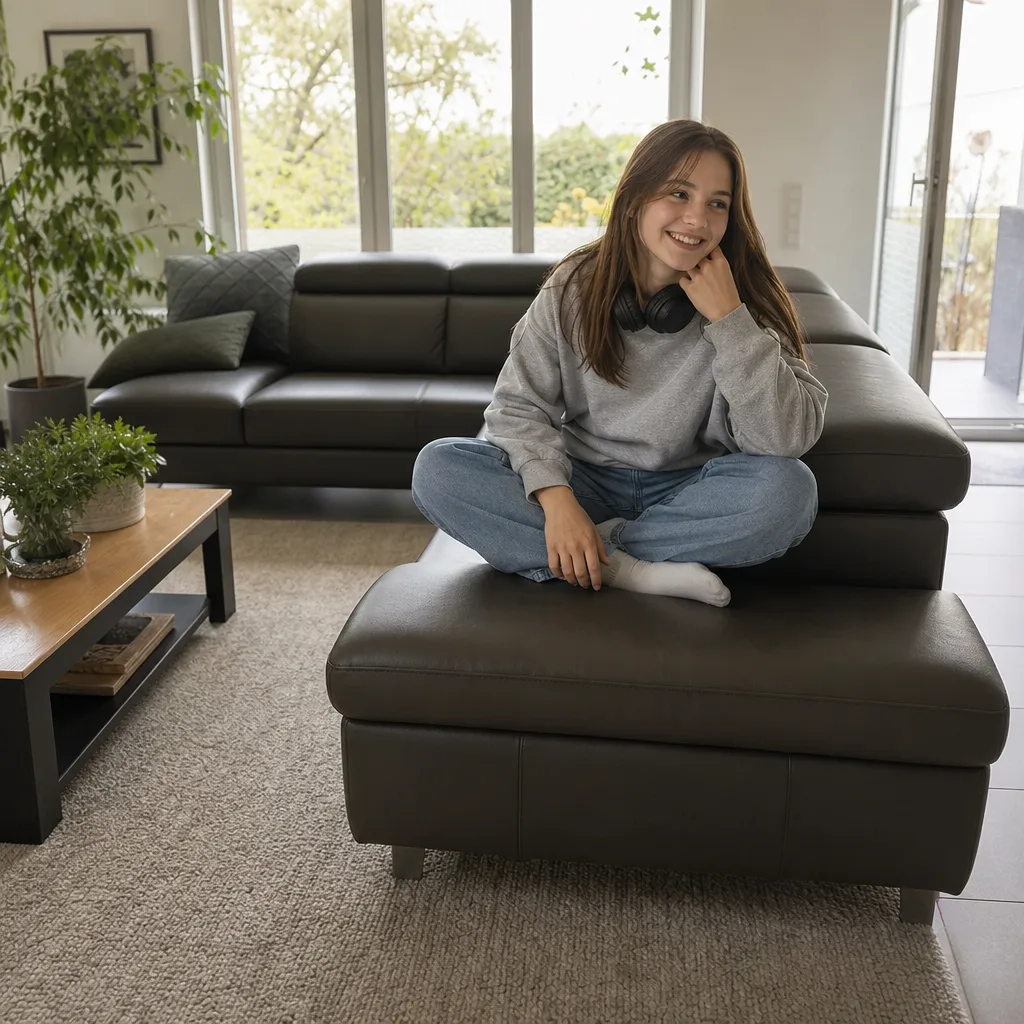 Ledersofa nach der Polsterreparatur: Teenagerin mit Kopfhörern im Schneidersitz im Wohnzimmer (Visualisierung, Polsterreparatur)