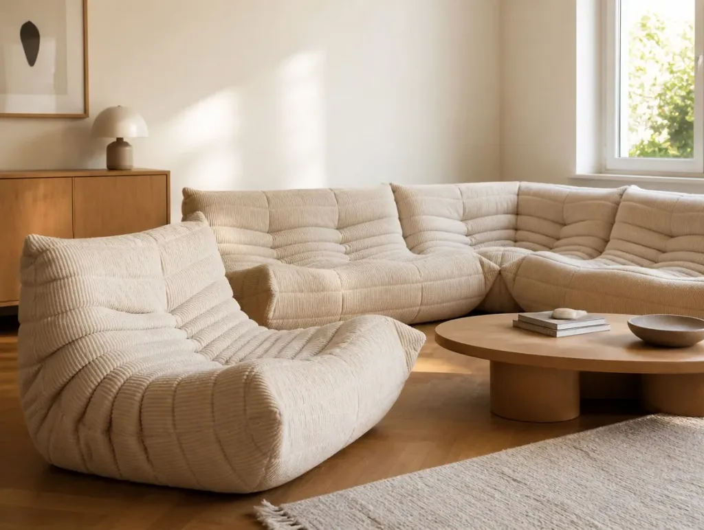 Visualisierung: Togo Sofa in Cord nach dem Neubezug, Sofa neu beziehen bei der Egora Polsterei Wetzikon