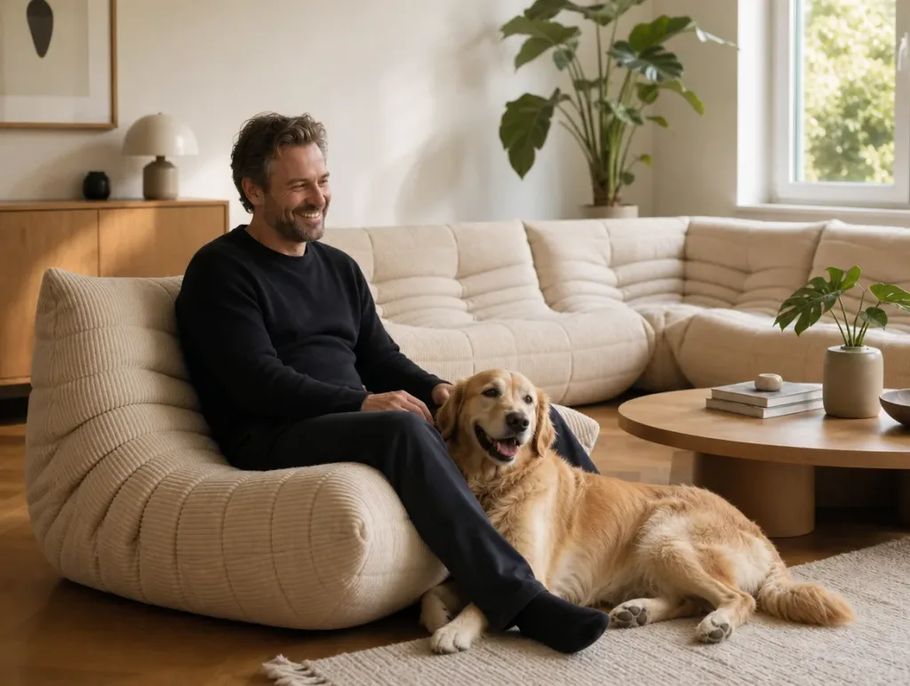 Togo Sofa in Cord nach dem Neubezug: Mann mit Hund im Wohnzimmer (Visualisierung, Neubezug)
