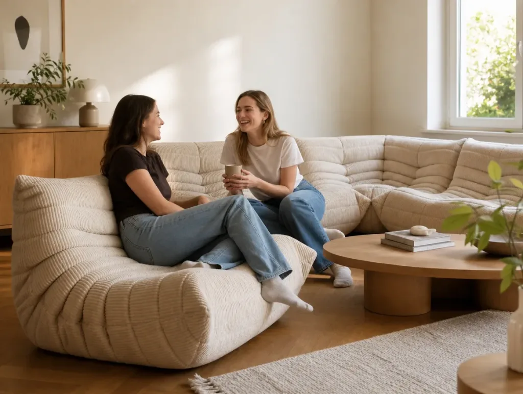 Togo Sofa in Cord nach dem Neubezug: zwei Freunde im Gespräch im Wohnzimmer (Visualisierung, Sofa neu beziehen)