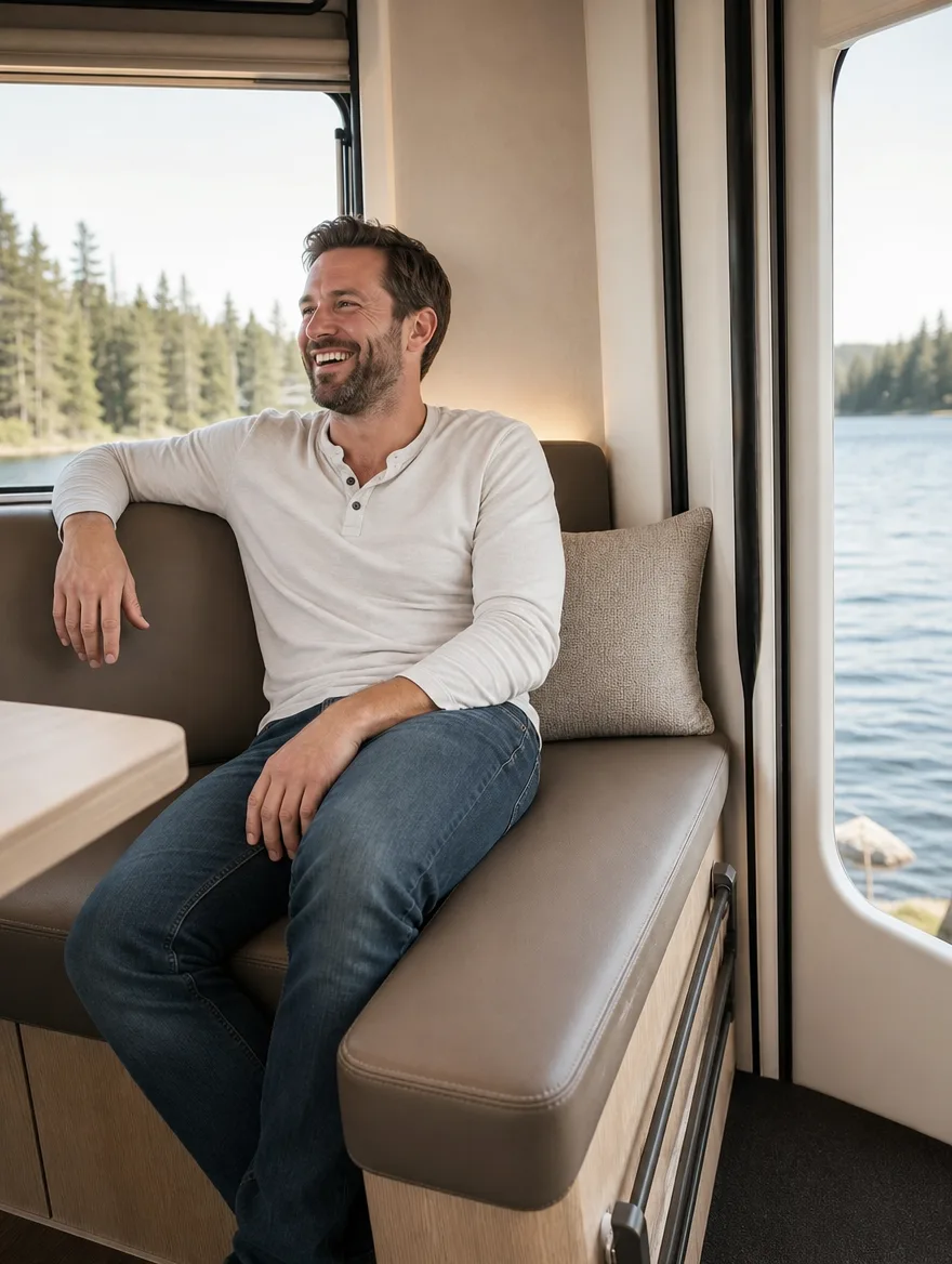 Wohnmobil-Polster nach der Neupolsterung: Mann mit Bart lachend im Wohnmobil (Visualisierung, Camper Polsterung)