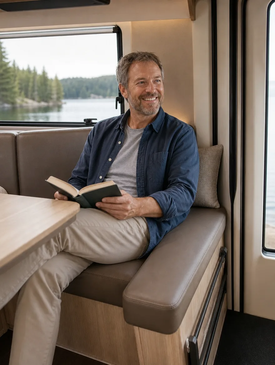 Wohnmobil-Polster nach der Neupolsterung: Mann mit Buch im Wohnmobil (Visualisierung, Wohnmobil Polster)