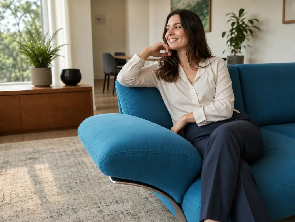 Polstergruppe in Petrol nach dem Neubezug: Frau nach der Arbeit im Wohnzimmer (Visualisierung, Sofa neu beziehen)
