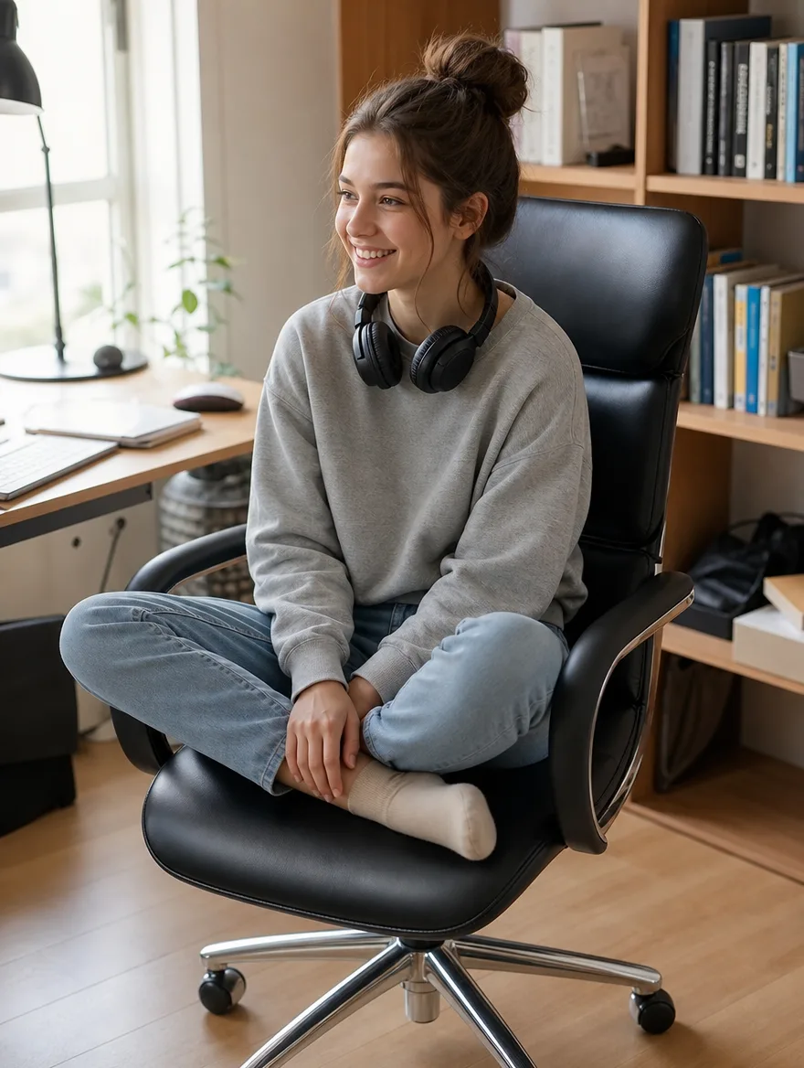 Giroflex-Bürostuhl nach der Polsterreparatur: Teenagerin mit Kopfhörern im Schneidersitz im Home-Office (Visualisierung, Polsterreparatur)