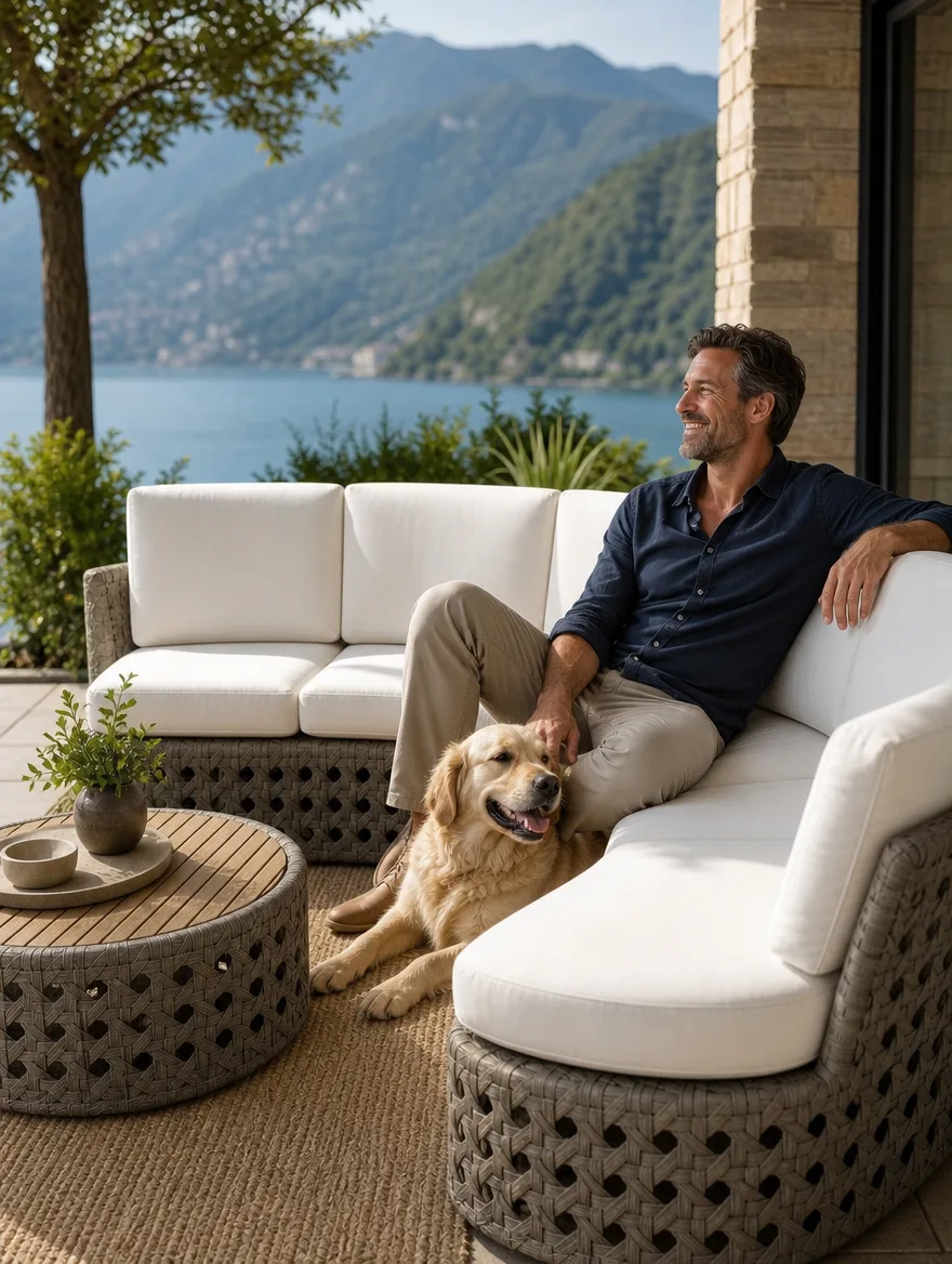Gartenlounge Kissen nach der Massanfertigung: Mann mit Hund auf der Terrasse (Visualisierung, Massanfertigung)
