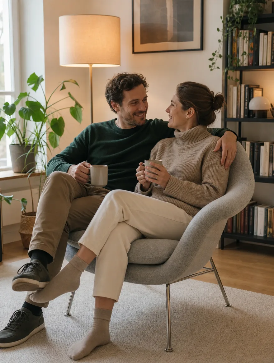 Knoll Womb Chair nach der Polsterreparatur: Paar nah beieinander in der Leseecke (Visualisierung, Möbel reparieren)