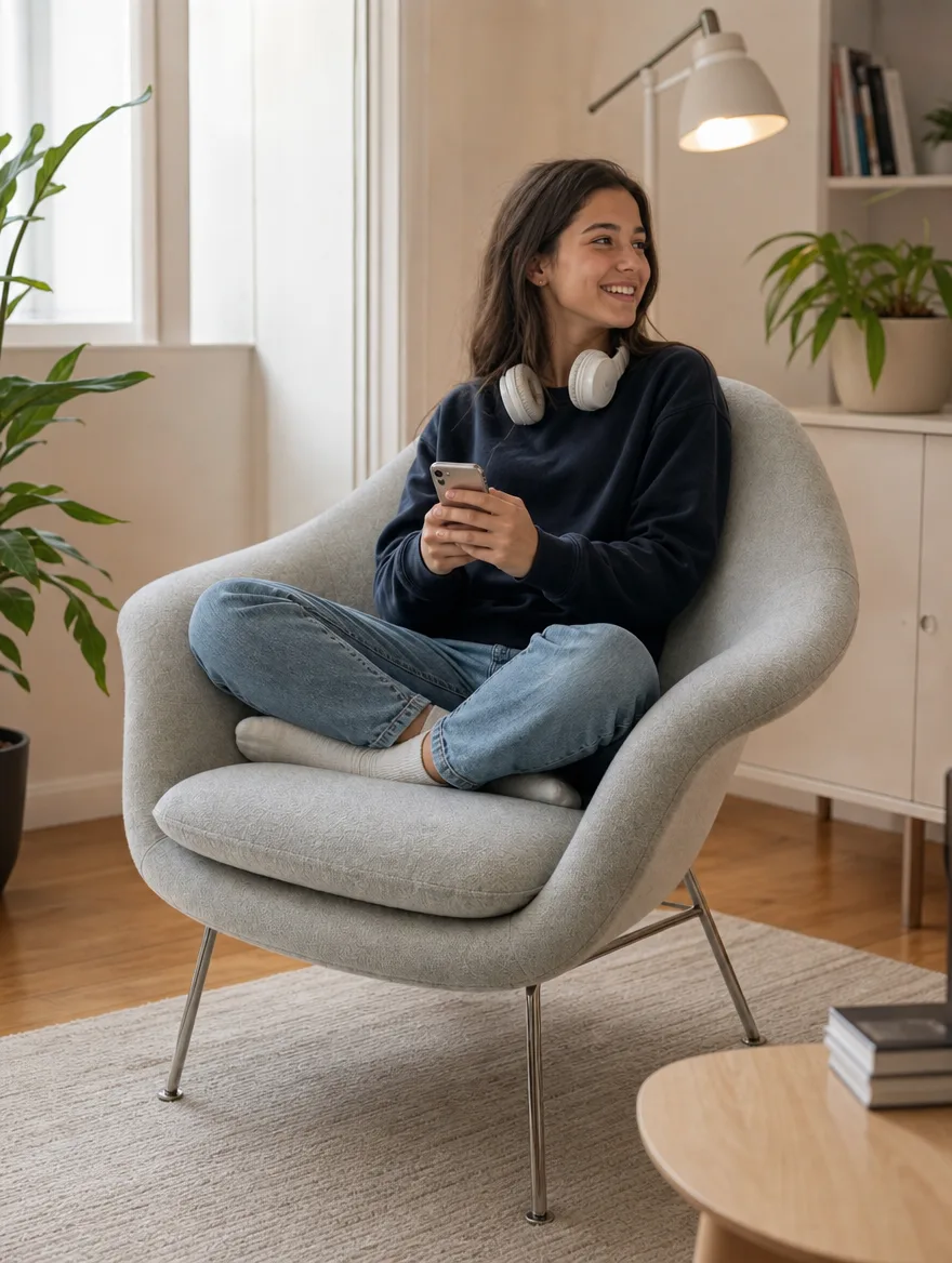 Knoll Womb Chair nach der Polsterreparatur: Teenagerin mit Kopfhörern im Schneidersitz in der Leseecke (Visualisierung, Polsterreparatur)