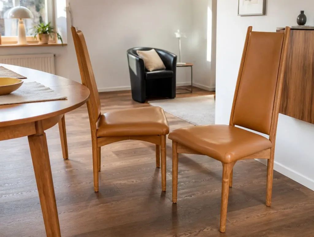 Visualisierung: Holzstühle mit Leder nach der Restauration, Möbelrestauration bei der Egora Polsterei Wetzikon