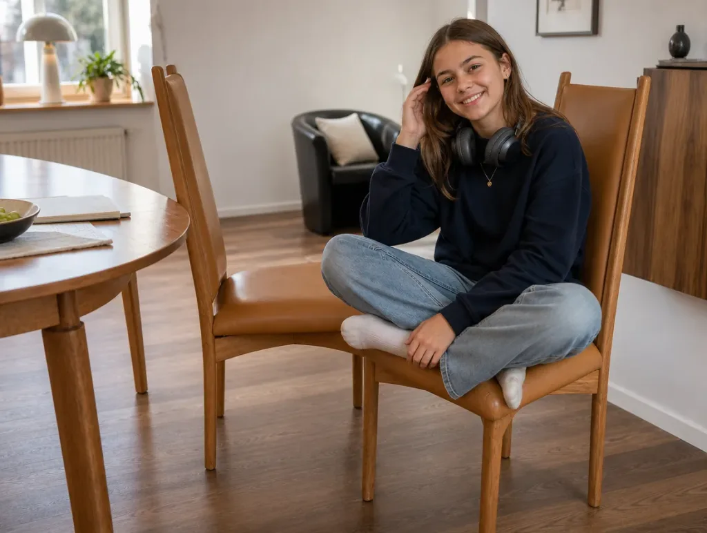 Holzstühle mit Leder nach der Restauration: Teenagerin mit Kopfhörern im Schneidersitz im Esszimmer (Visualisierung, Polster restaurieren)