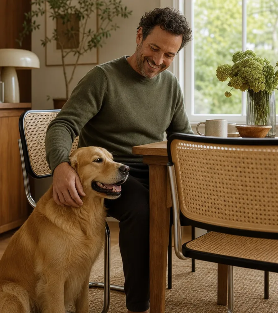 Stuhl mit Rohrgeflecht nach der Restauration: Mann mit Hund im Esszimmer (Visualisierung, Polster restaurieren)