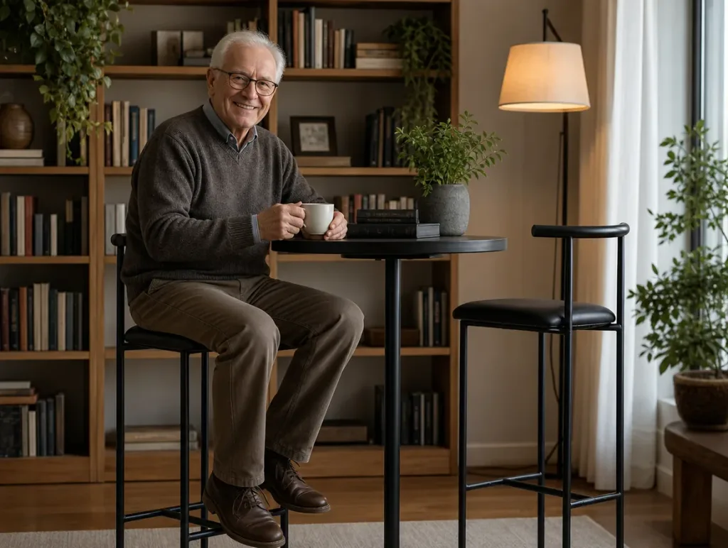 Barhocker nach dem Neubezug: älterer Mann mit weissem Haar und Brille in der Leseecke (Visualisierung, Sofa neu beziehen)