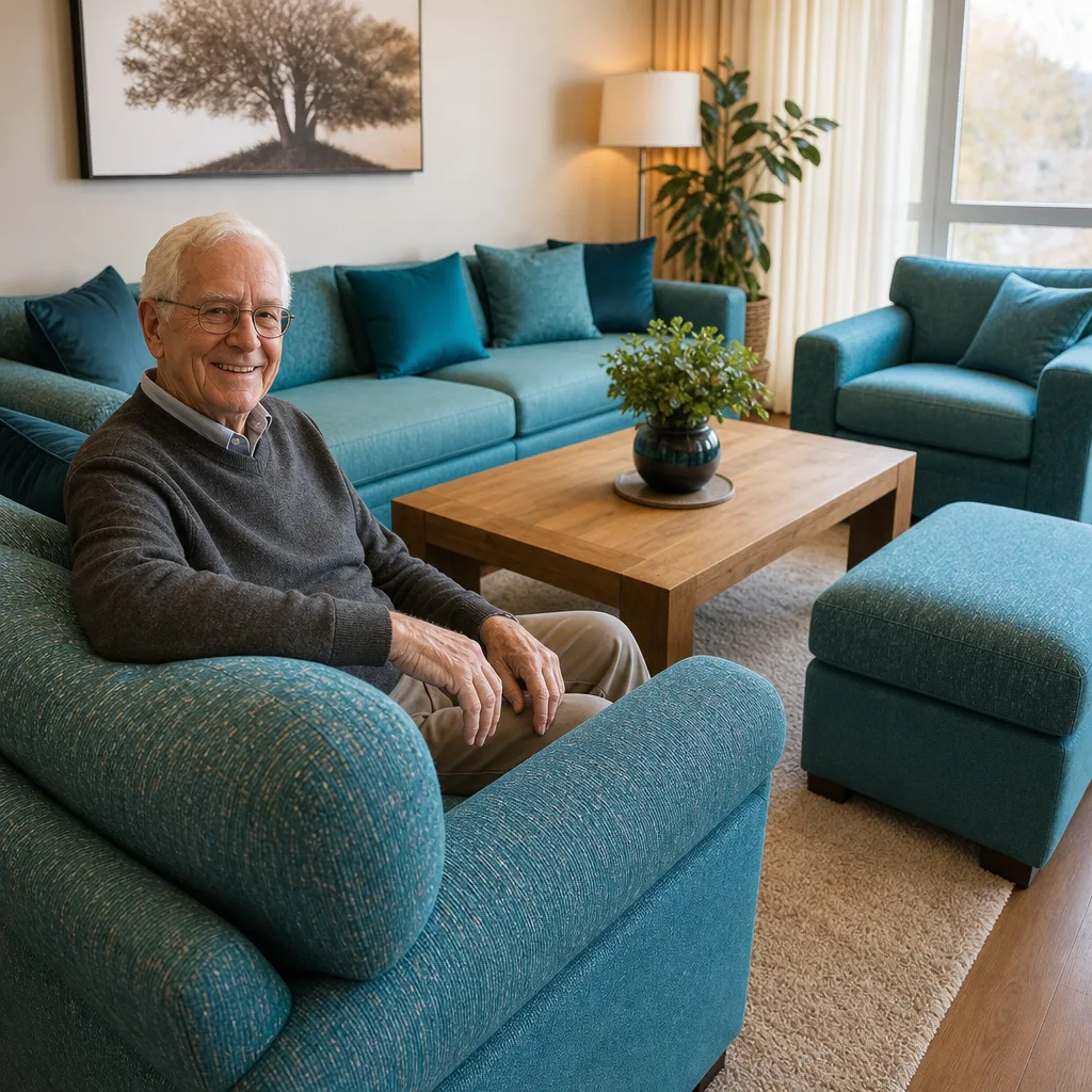 Polstergruppe nach dem Neubezug: älterer Mann mit weissem Haar und Brille im Wohnzimmer (Visualisierung, Sofa neu beziehen)