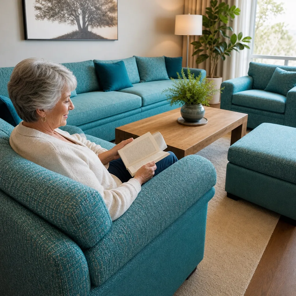 Polstergruppe nach dem Neubezug: Frau mit kurzen grauen Haaren beim Lesen im Wohnzimmer (Visualisierung, Neubezug)
