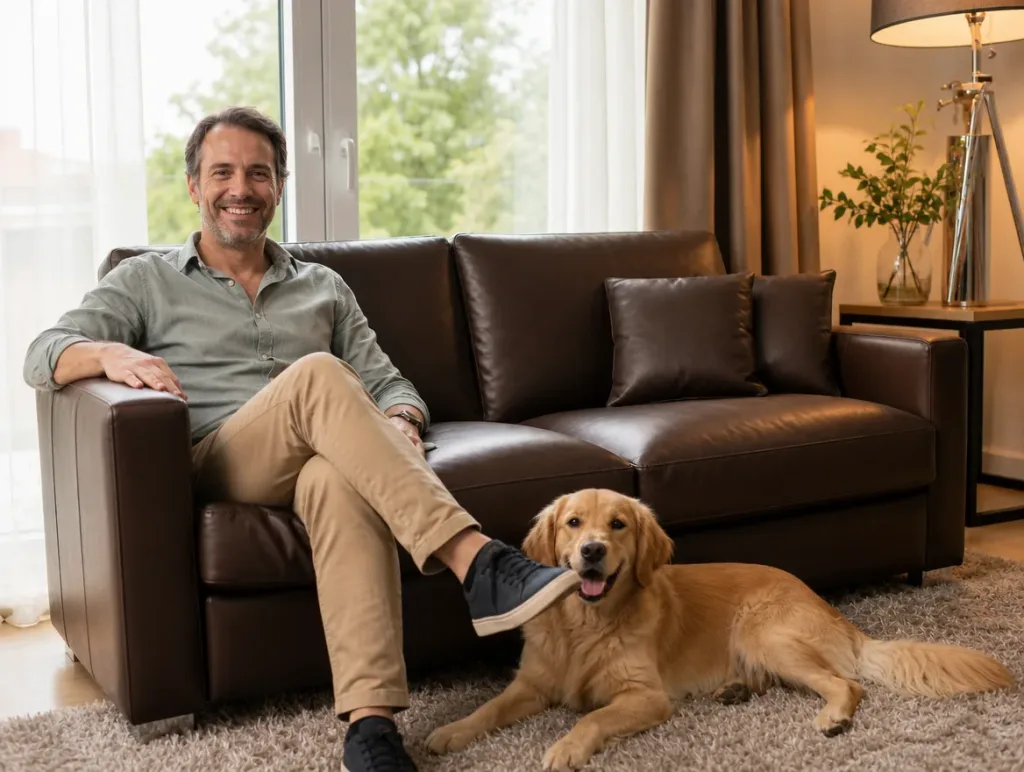 Ledersofa nach dem Neubezug: Mann mit Hund im Wohnzimmer (Visualisierung, Sofa neu beziehen)