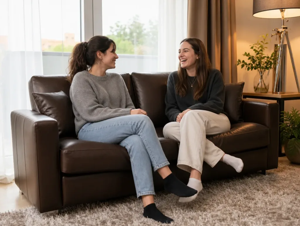 Ledersofa nach dem Neubezug: zwei Freunde im Gespräch im Wohnzimmer (Visualisierung, Neubezug)