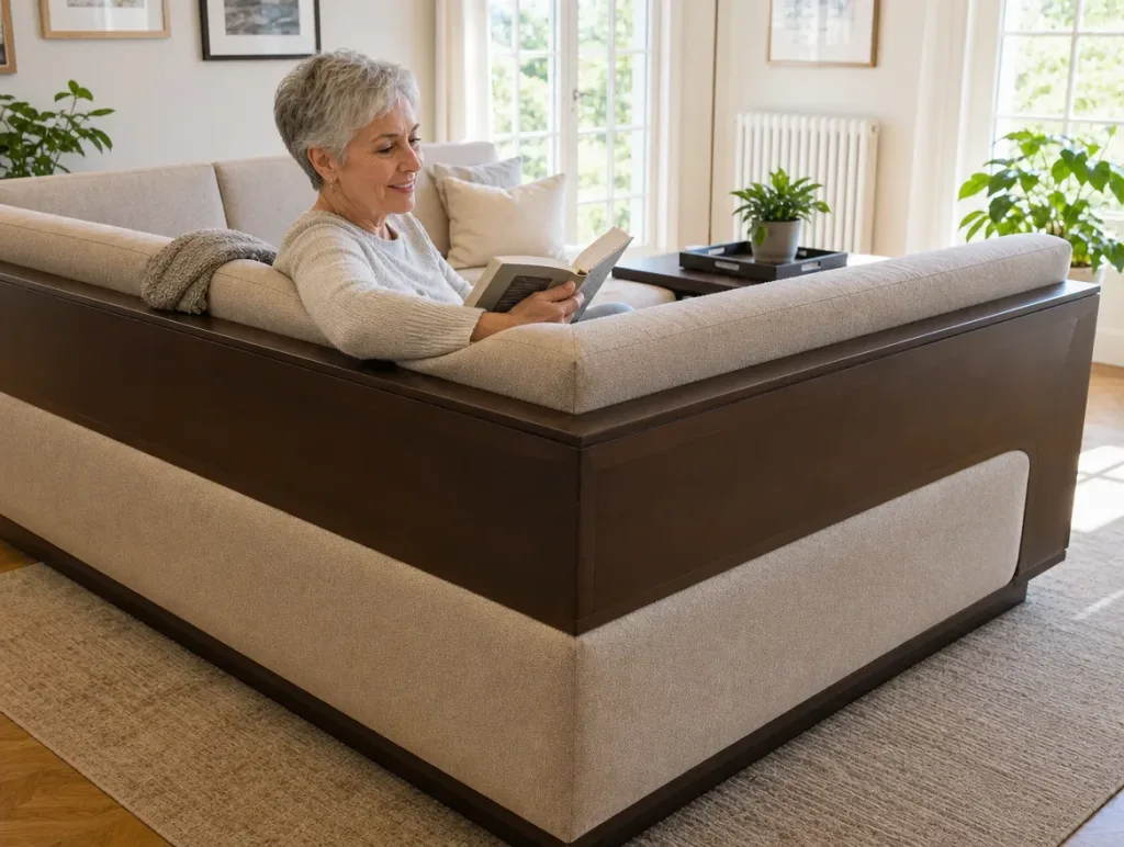 Ecksofa nach dem Neubezug: Frau mit kurzen grauen Haaren beim Lesen im Wohnzimmer (Visualisierung, Sofa neu beziehen)