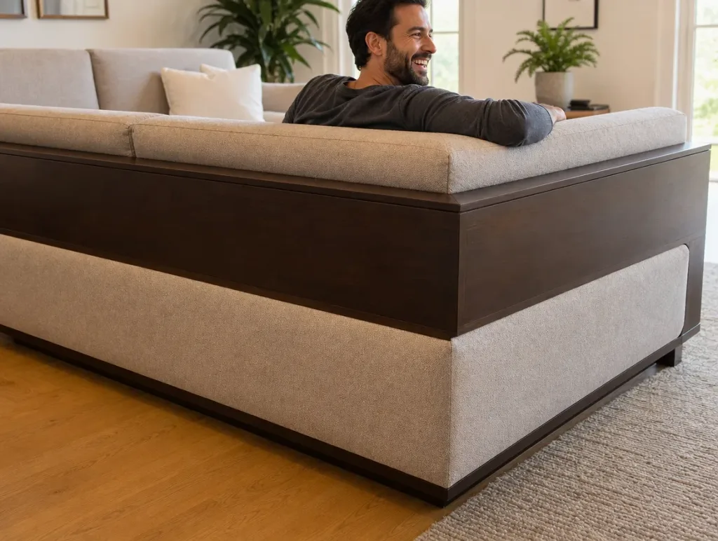 Ecksofa nach dem Neubezug: Mann mit Bart lachend im Wohnzimmer (Visualisierung, Neubezug)