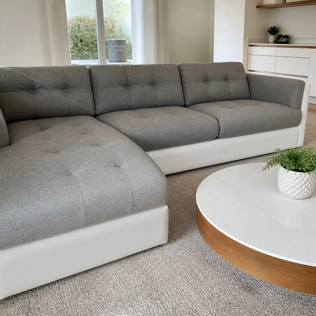 Visualisierung: Ecksofa mit Ledersockel nach dem Neubezug, Neubezug bei der Egora Polsterei Wetzikon