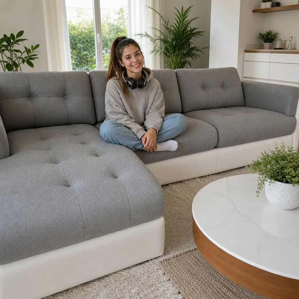 Ecksofa mit Ledersockel nach dem Neubezug: Teenagerin mit Kopfhörern im Schneidersitz im Wohnzimmer (Visualisierung, Sofa neu beziehen)