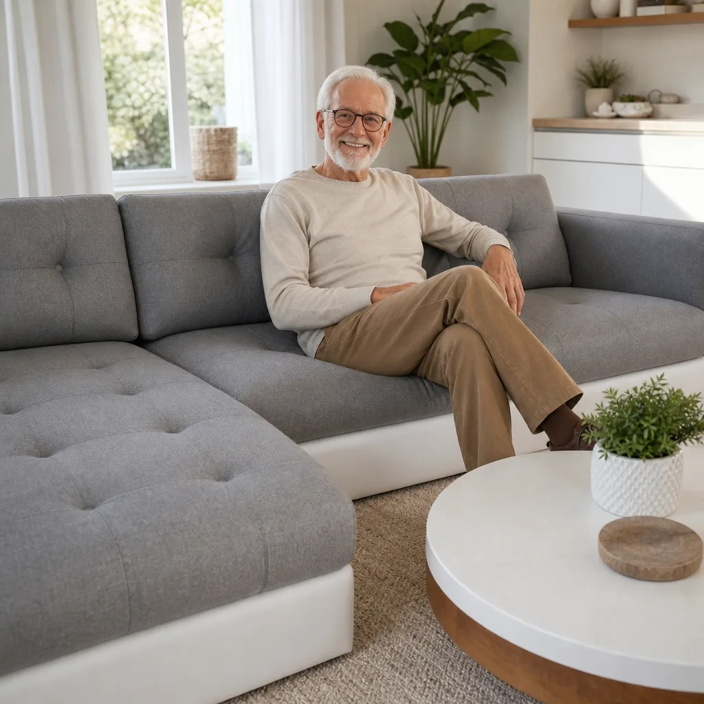 Ecksofa mit Ledersockel nach dem Neubezug: älterer Mann mit weissem Haar und Brille im Wohnzimmer (Visualisierung, Neubezug)