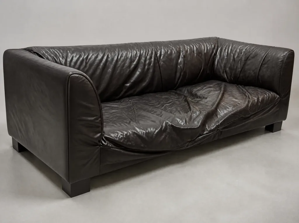 Chaiselongue Neubezug: Die stark gesunkene Sitzfläche der braunen Leders-Chaiselongue, aufgenommen von der Kundin