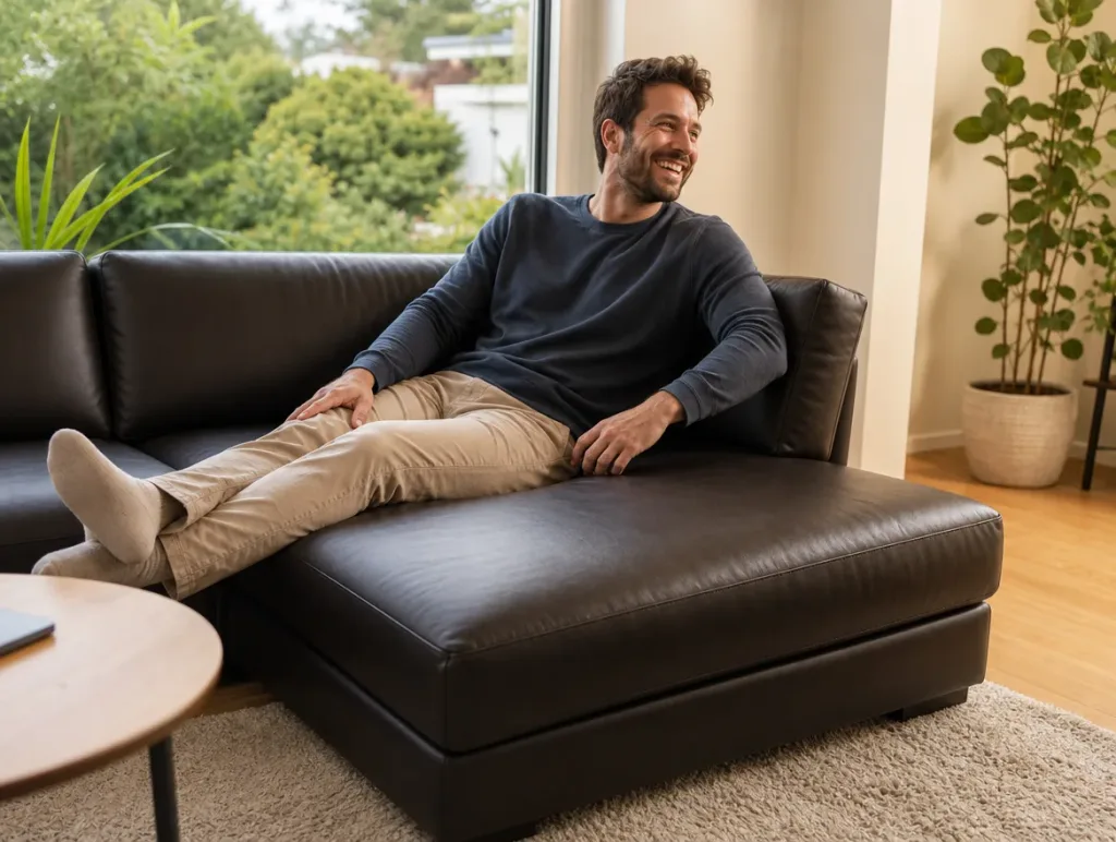 Chaiselongue nach dem Neubezug: Mann mit Bart lachend im Wohnzimmer (Visualisierung, Sofa neu beziehen)