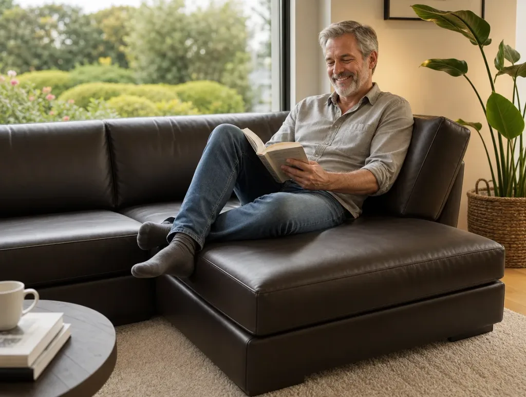 Chaiselongue nach dem Neubezug: Mann mit Buch im Wohnzimmer (Visualisierung, Neubezug)