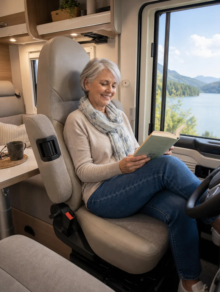 Wohnmobil-Ledersitze nach der Neupolsterung: Frau mit kurzen grauen Haaren beim Lesen im Wohnmobil (Visualisierung, Wohnmobil Polster)