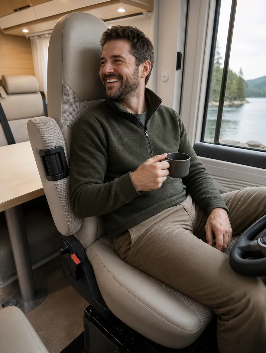 Wohnmobil-Ledersitze nach der Neupolsterung: Mann mit Bart lachend im Wohnmobil (Visualisierung, Camper Polsterung)