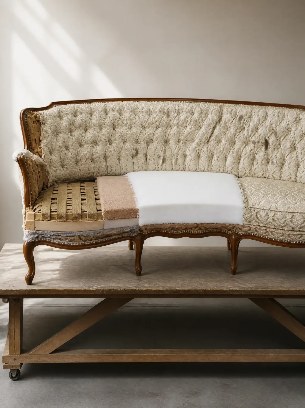 Nieren-Sofa in Damast Creme und Gold: Polsterarbeit in der Werkstatt der Egora Polsterei